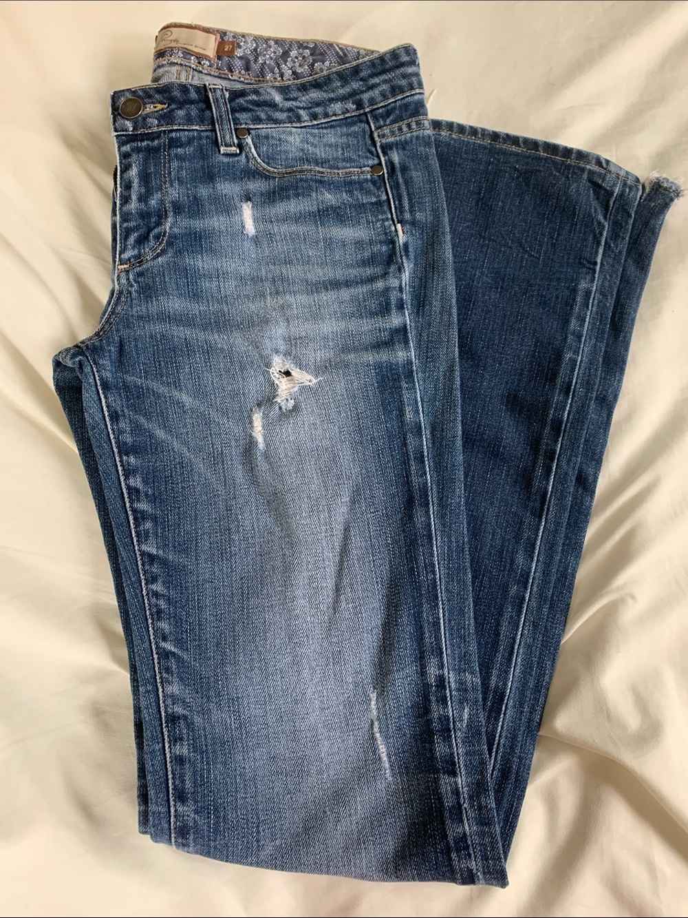 PAIGE Premium Denim Distressed Jeans Floral Waistband Fringe Hem